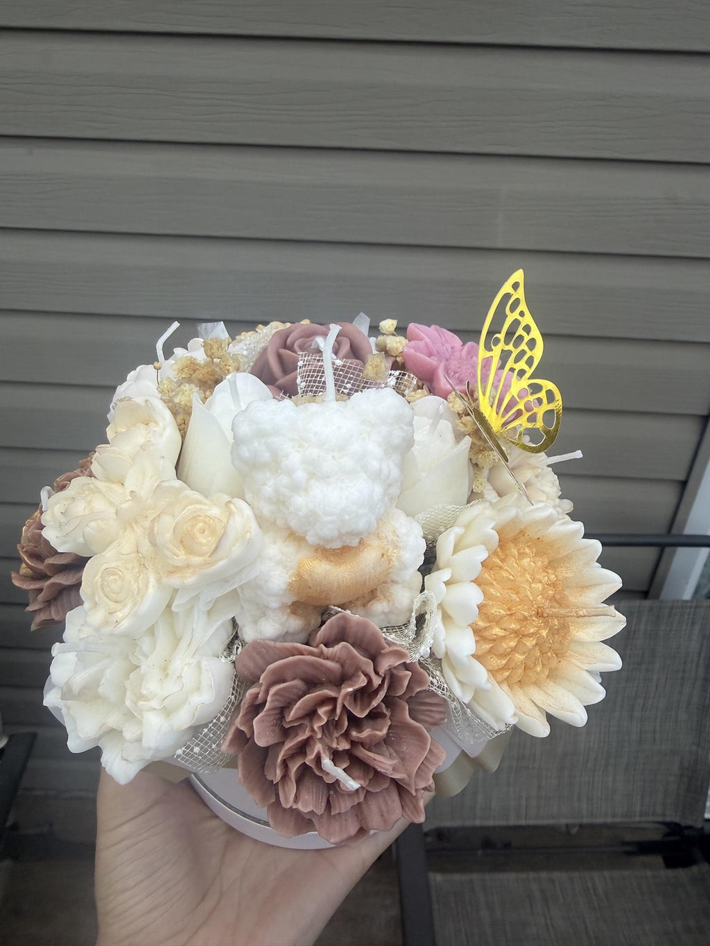 Bouquet ourson blanc en cire | White Teddy Bear Candle Bouquet | Bougies fleurs soja fait main | Handmade Gift Canada