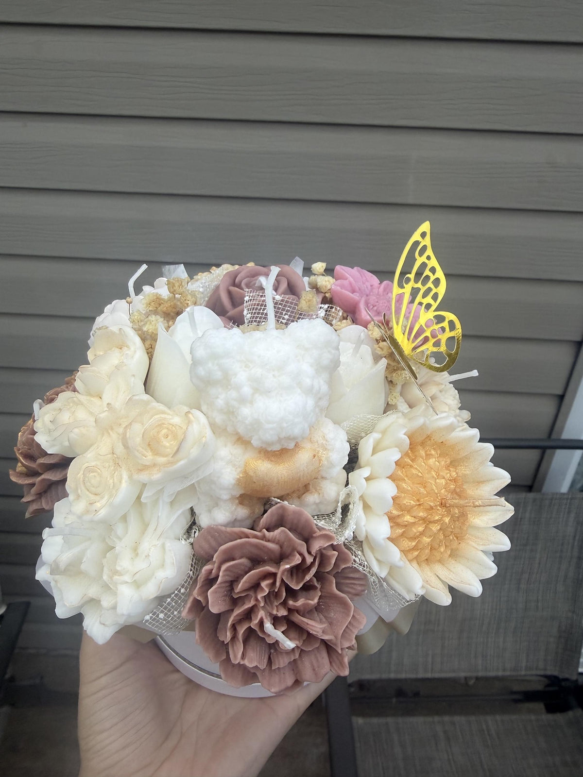 Bouquet ourson blanc en cire | White Teddy Bear Candle Bouquet | Bougies fleurs soja fait main | Handmade Gift Canada