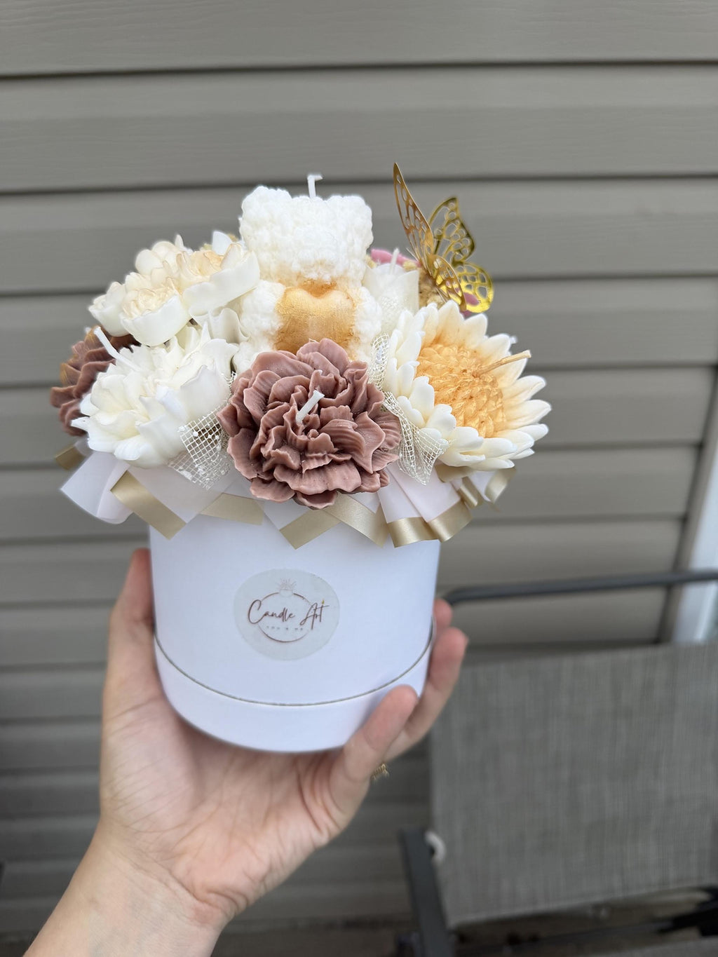 Bouquet ourson blanc en cire | White Teddy Bear Candle Bouquet | Bougies fleurs soja fait main | Handmade Gift Canada