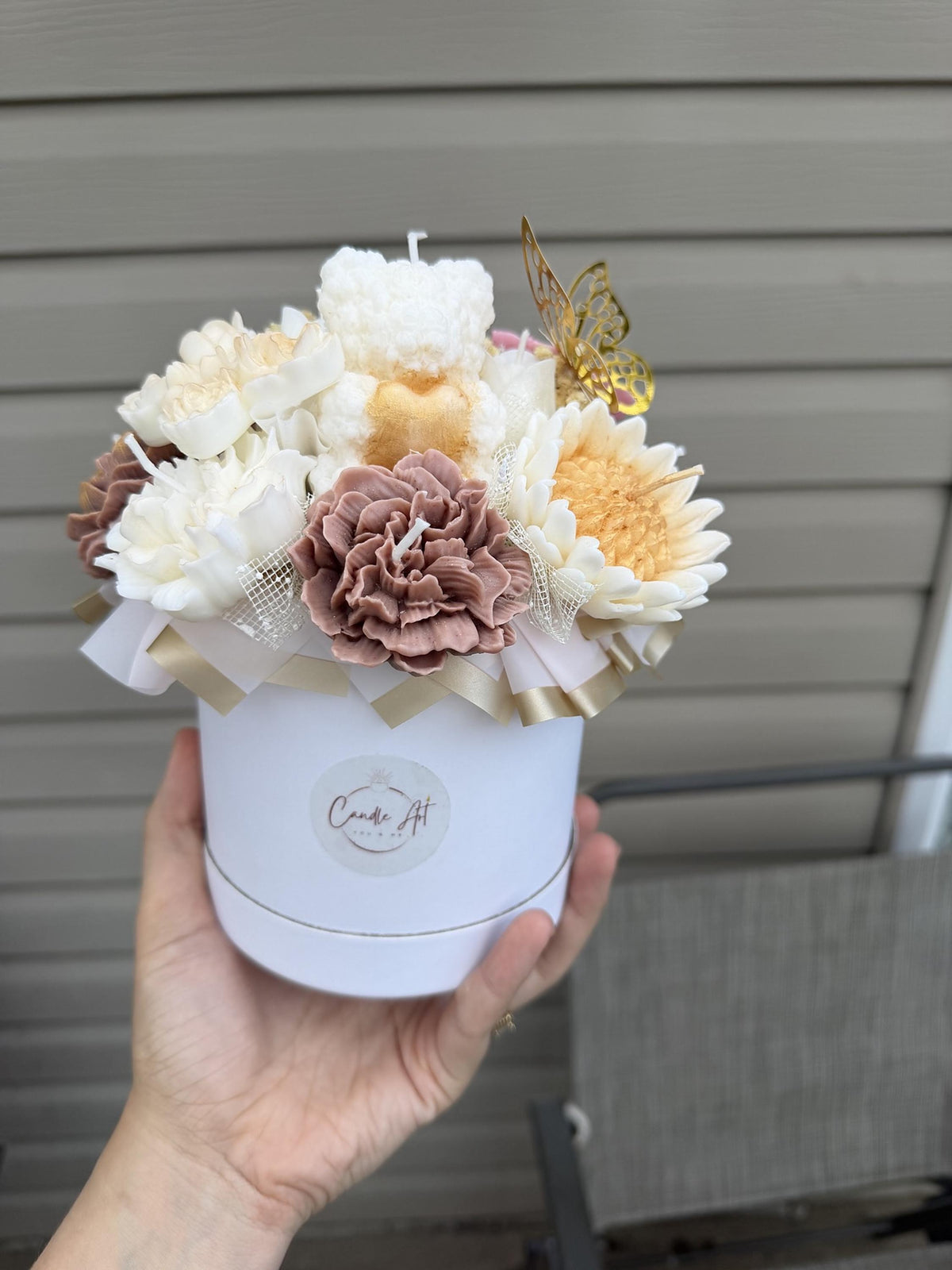 Bouquet ourson blanc en cire | White Teddy Bear Candle Bouquet | Bougies fleurs soja fait main | Handmade Gift Canada