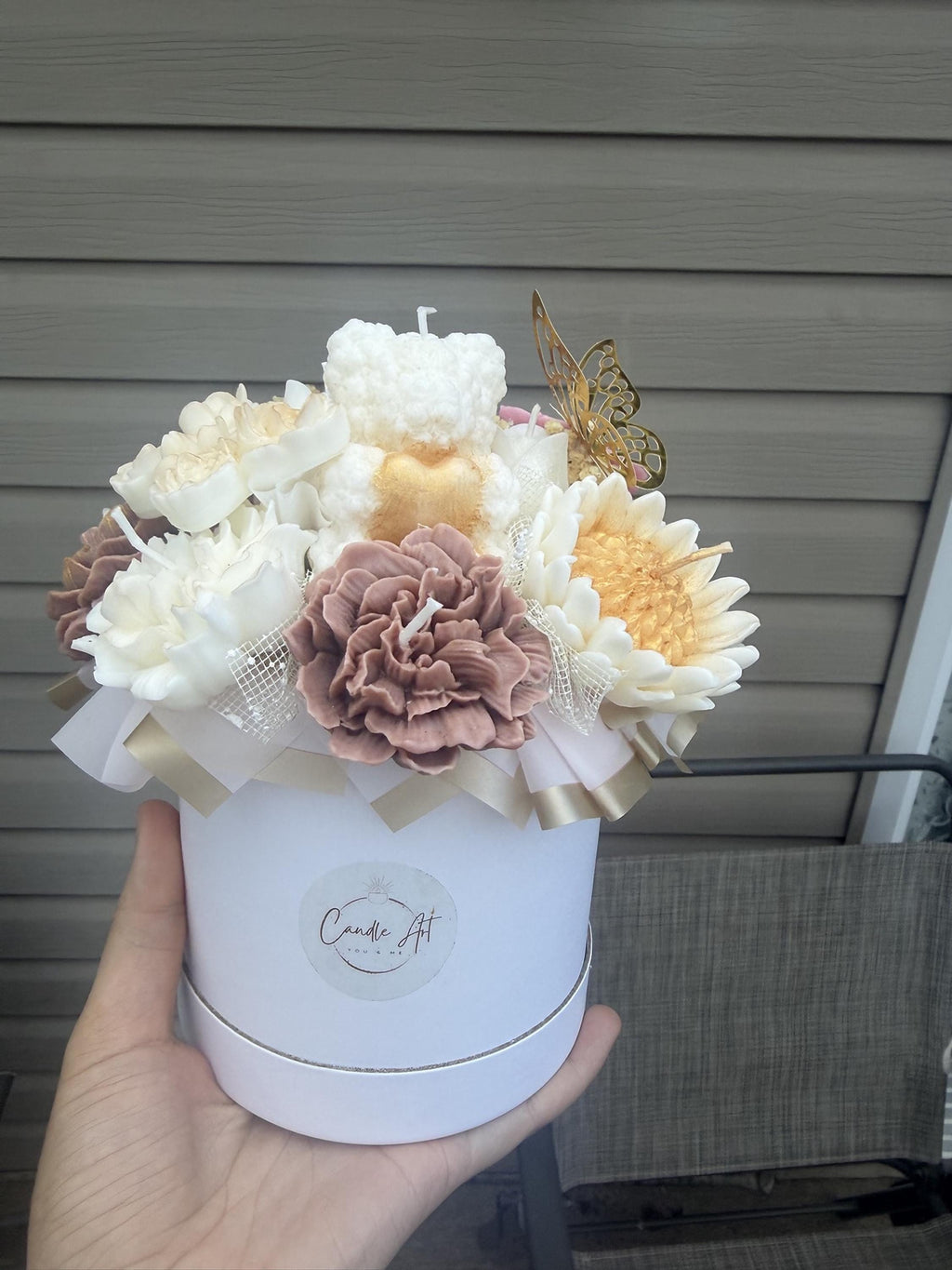 Bouquet ourson blanc en cire | White Teddy Bear Candle Bouquet | Bougies fleurs soja fait main | Handmade Gift Canada