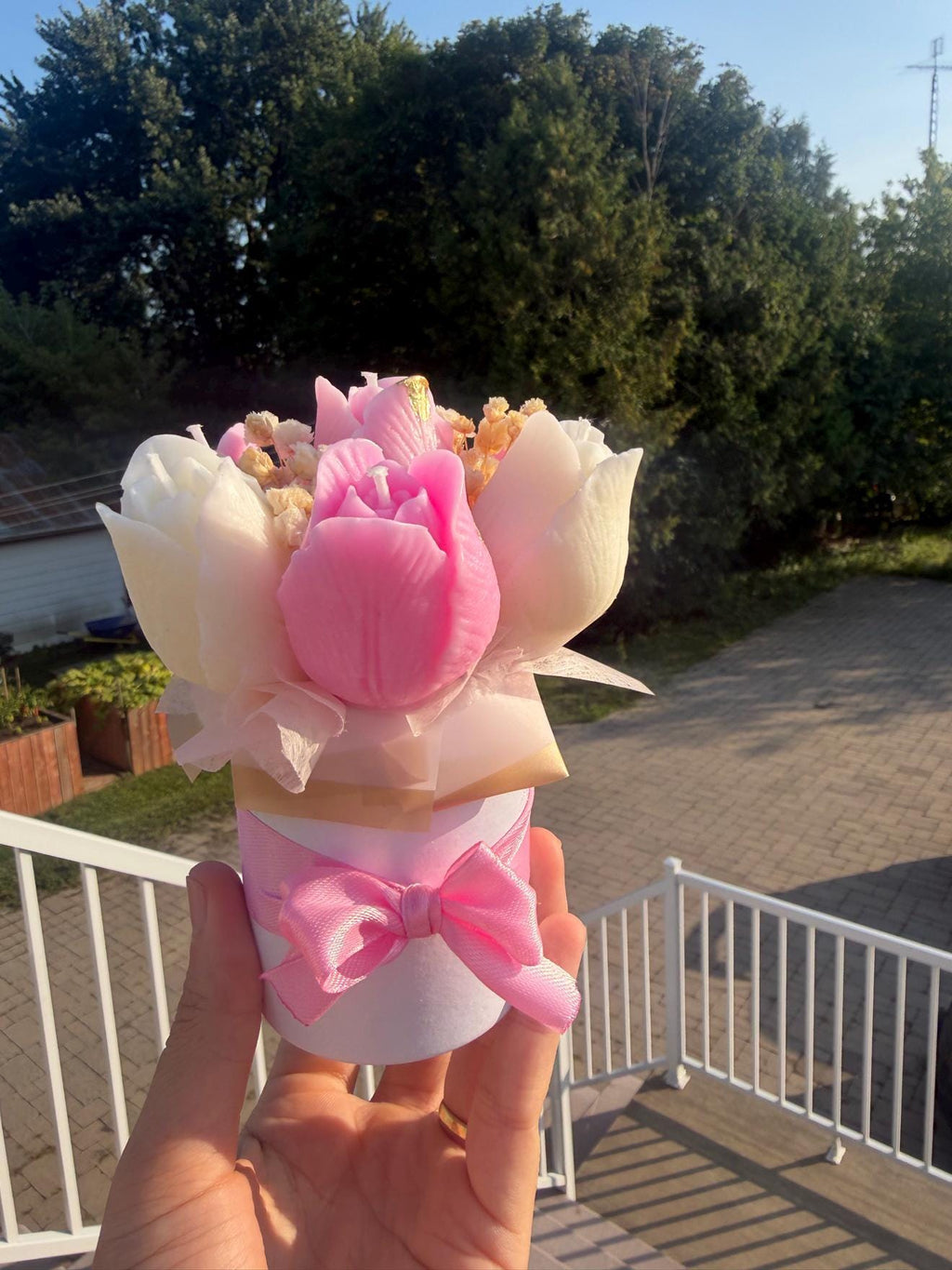 Bouquet tulipes en cire | Pink White Tulip Candle Bouquet | Feuille d'or soja fait main | Handmade Gift Canada
