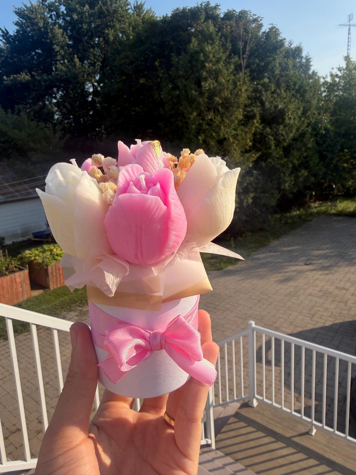 Bouquet tulipes en cire | Pink White Tulip Candle Bouquet | Feuille d'or soja fait main | Handmade Gift Canada