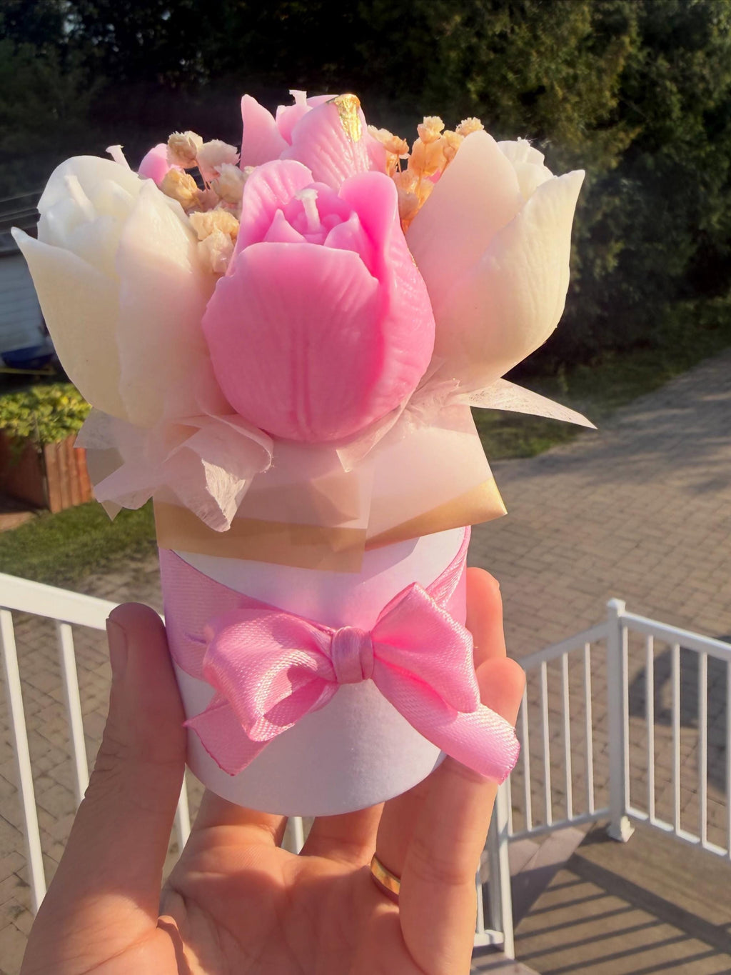 Bouquet tulipes en cire | Pink White Tulip Candle Bouquet | Feuille d'or soja fait main | Handmade Gift Canada
