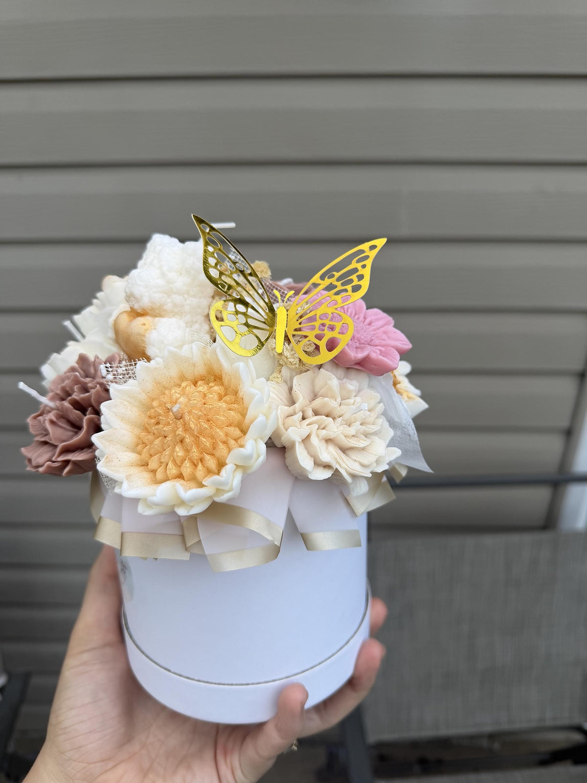 Bouquet ourson blanc en cire | White Teddy Bear Candle Bouquet | Bougies fleurs soja fait main | Handmade Gift Canada