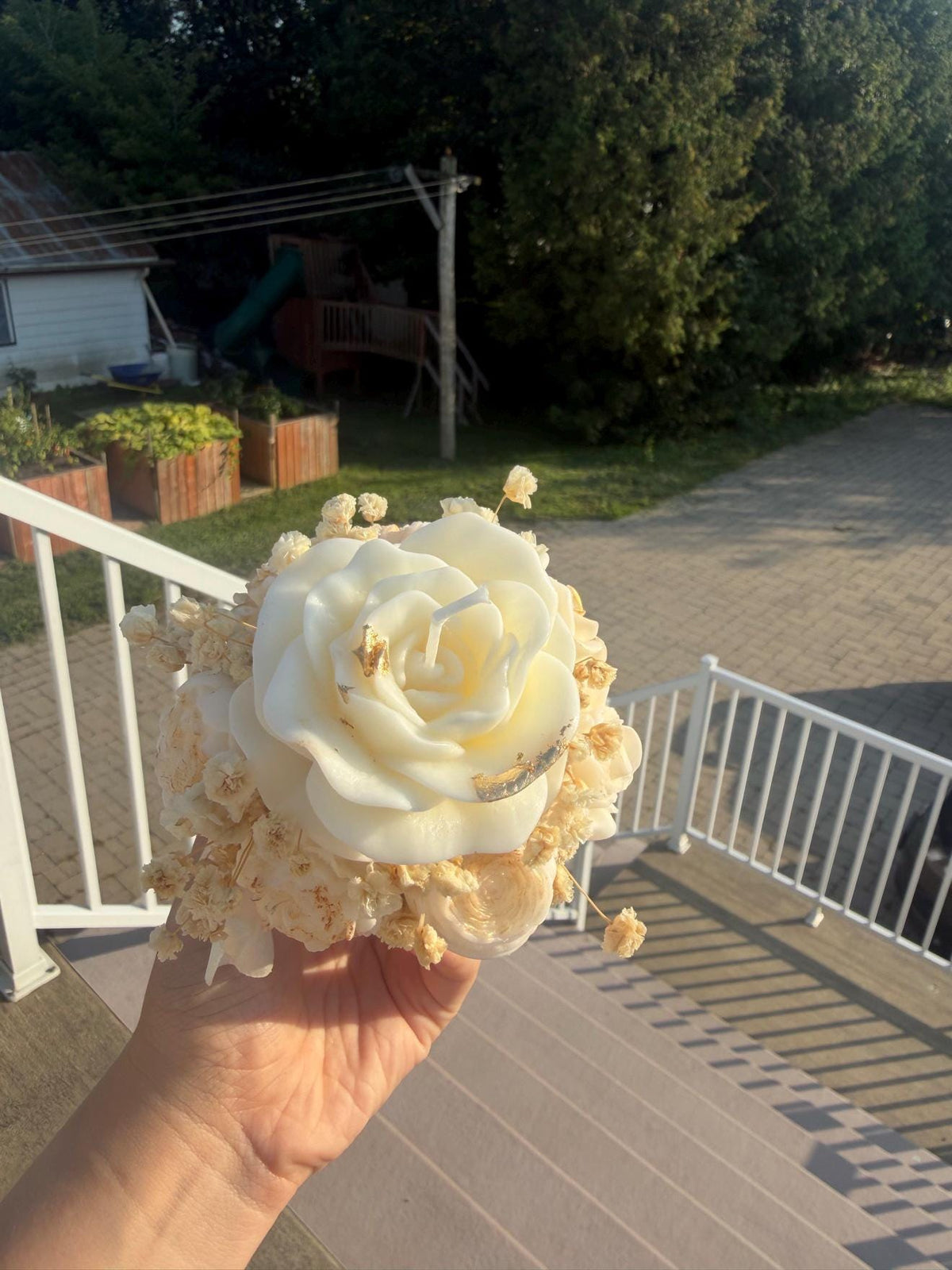 Mini bouquet Just for you en cire | Mini Bouquet Roses Blanches Feuille d'or | Boîte rose soja | Handmade Thank You Gift