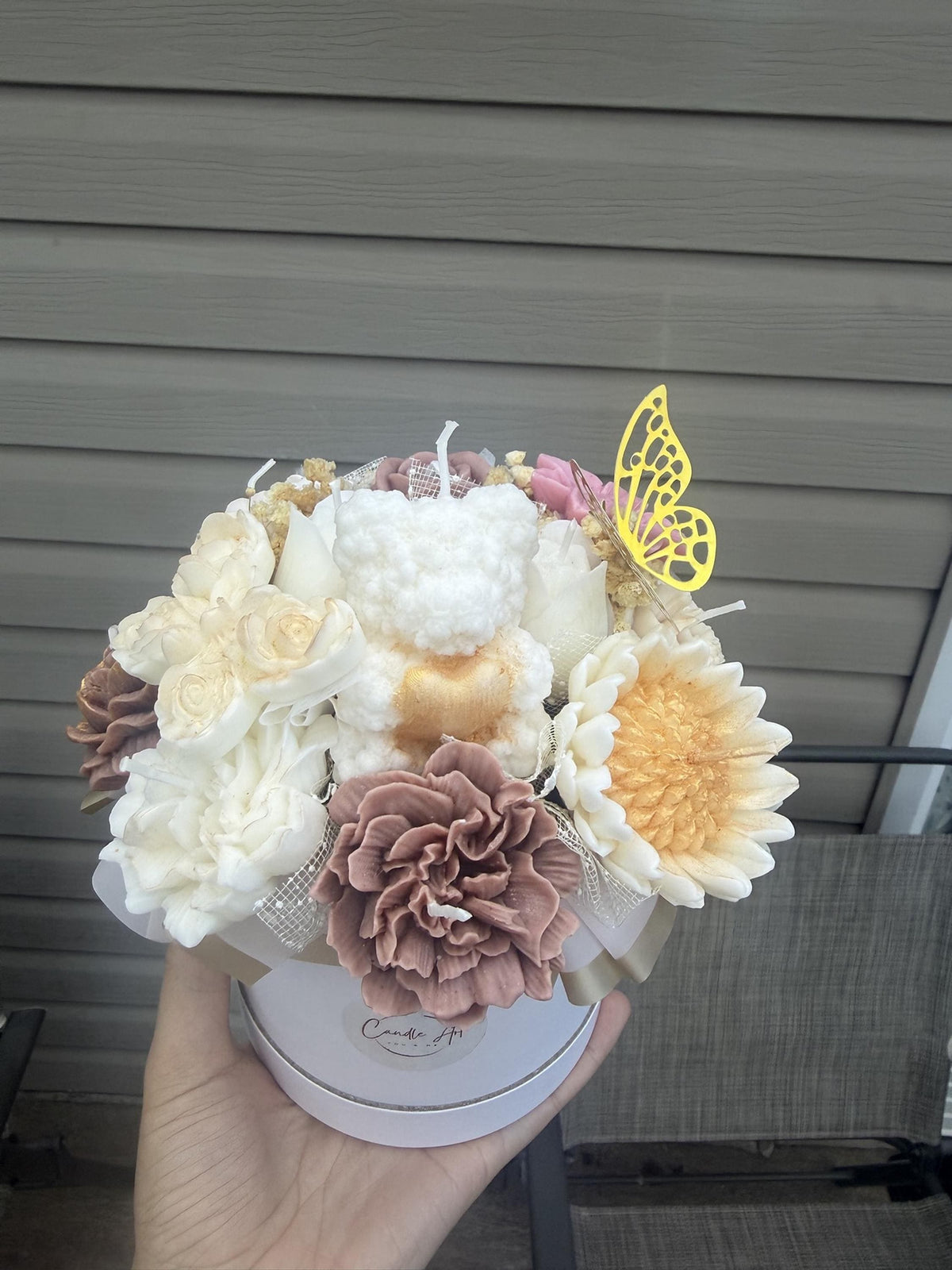 Bouquet ourson blanc en cire | White Teddy Bear Candle Bouquet | Bougies fleurs soja fait main | Handmade Gift Canada