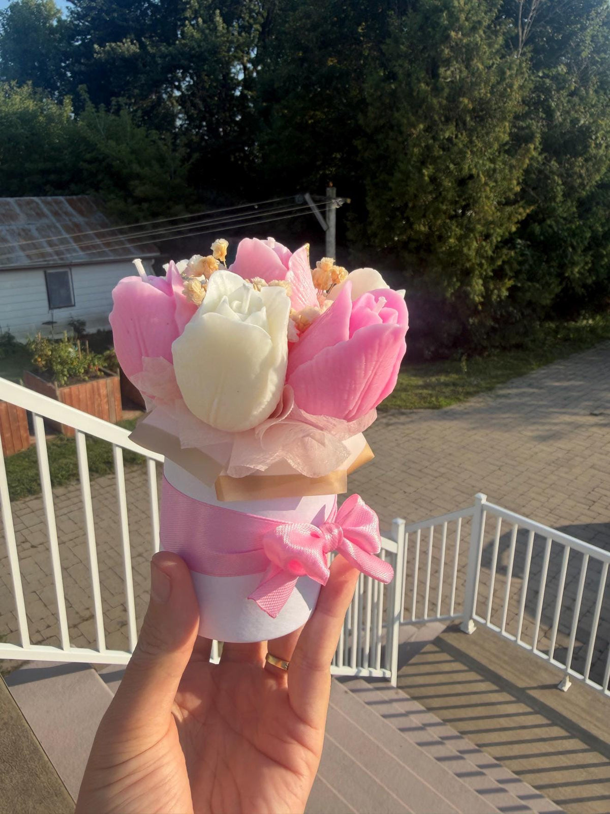 Bouquet tulipes en cire | Pink White Tulip Candle Bouquet | Feuille d'or soja fait main | Handmade Gift Canada