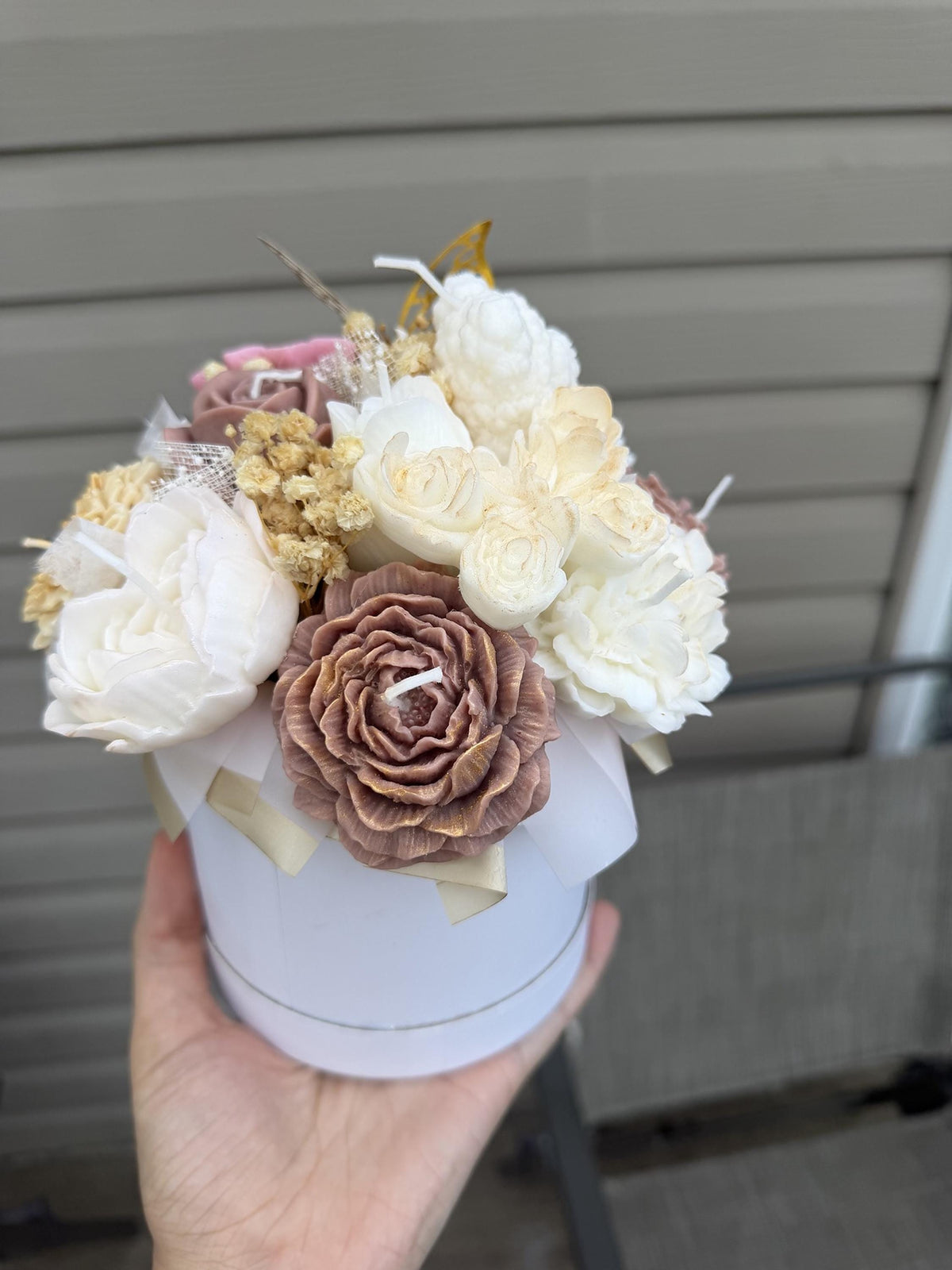 Bouquet ourson blanc en cire | White Teddy Bear Candle Bouquet | Bougies fleurs soja fait main | Handmade Gift Canada