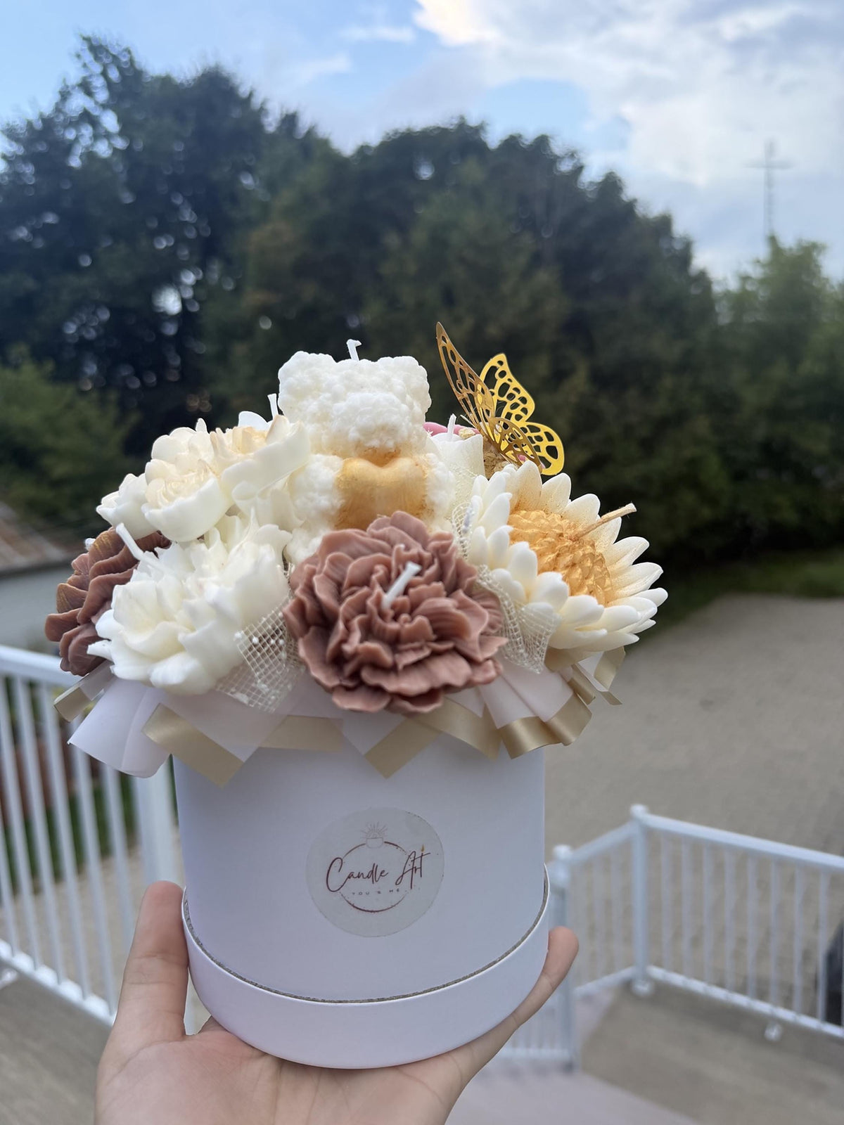 Bouquet ourson blanc en cire | White Teddy Bear Candle Bouquet | Bougies fleurs soja fait main | Handmade Gift Canada