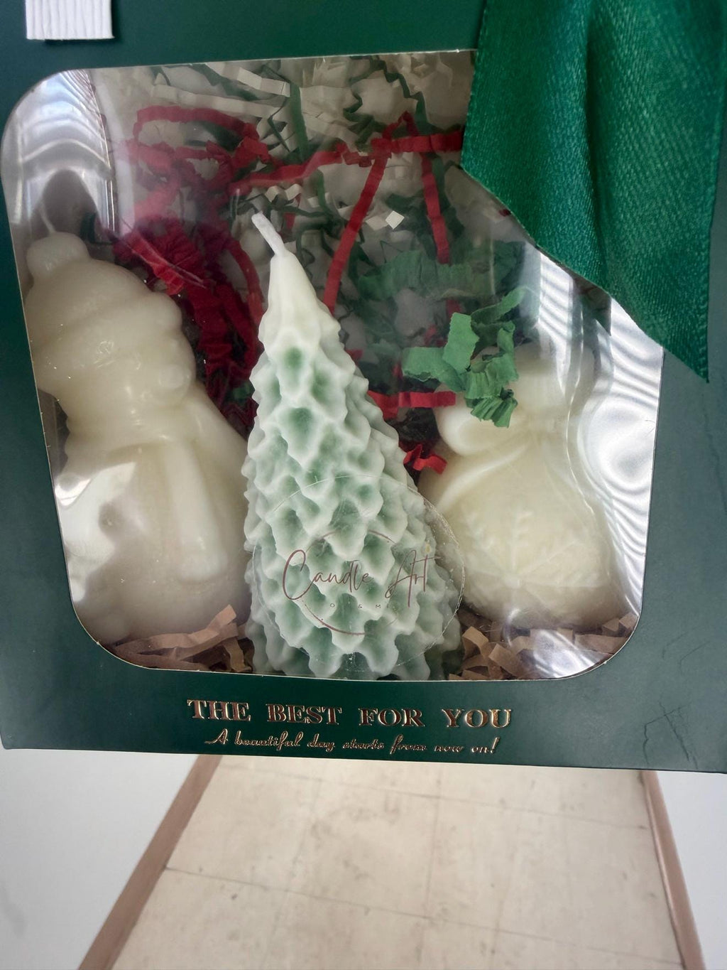 Coffret cadeau Noël en cire | Christmas Gift Set 3 bougies artisanales | Bonhomme de neige, sapin, boule | Cire de soja